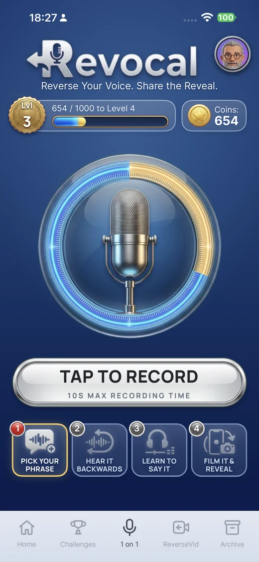 Revocal home screen with the golden microphone for reverse singing