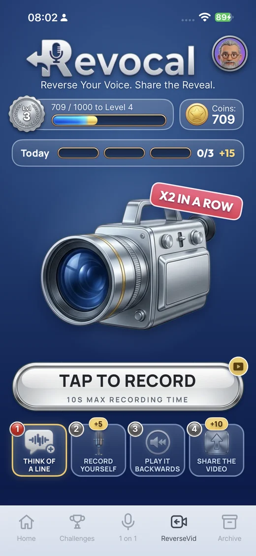 ReverseVid screen for recording a reversed video