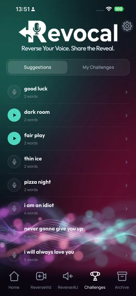 Revocal challenge suggestions such as good luck, dark room and fair play
