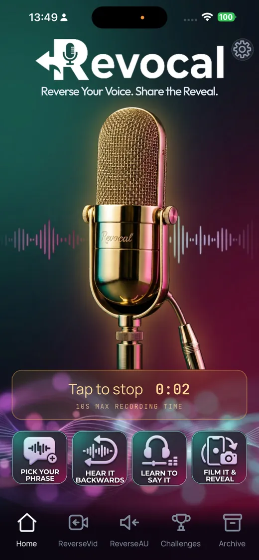 Revocal's golden microphone screen for recording a line to sing backwards