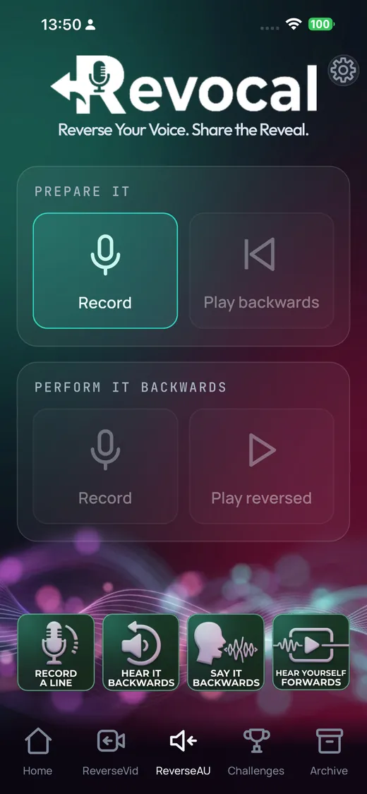 ReverseAU screen: record, play backwards, record, play reversed