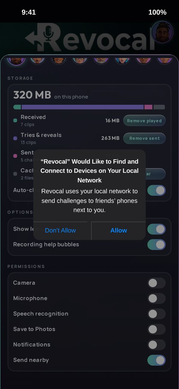 Switching on Send nearby brings up the local network question