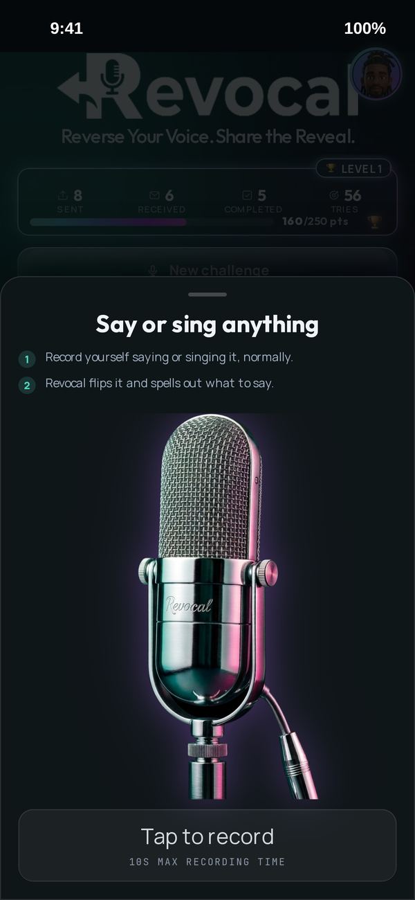 The audio challenge screen with its Tap to record button