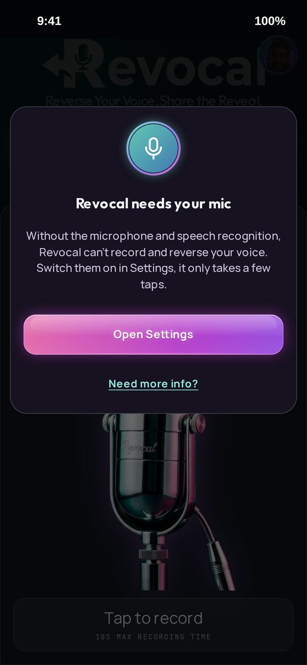 The Revocal needs your mic message with an Open Settings button