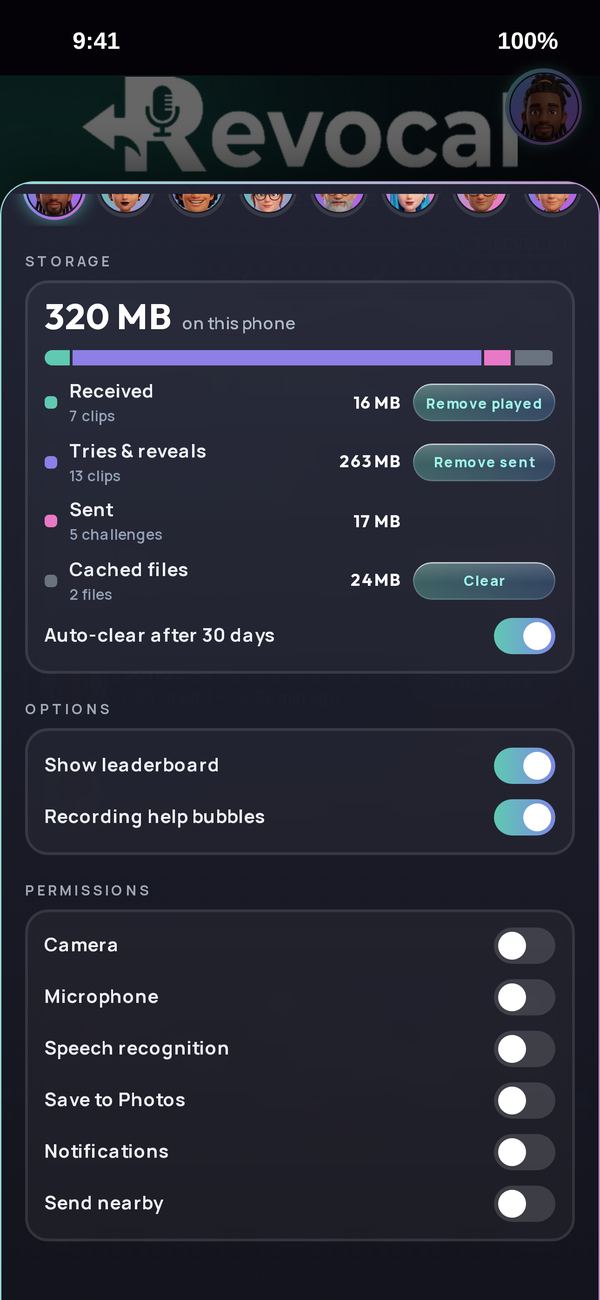 The Permissions switches in Revocal, all off on a fresh install